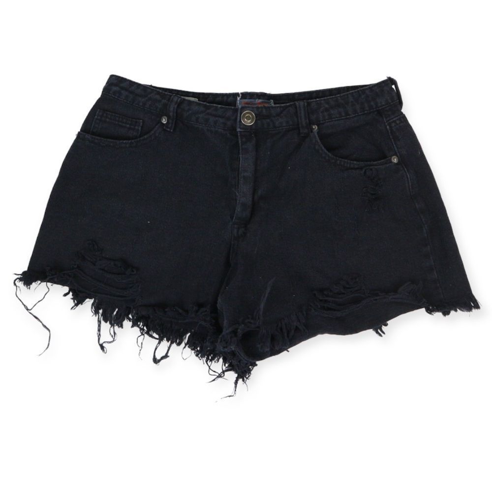 Hot Kiss Black Denim Ripped High Rose Hip Hugger Jean Shorts 10
